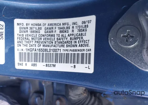 2008 Honda Civic Lx z USA, uszkodzony, nr VIN 1HGFA16508L010071